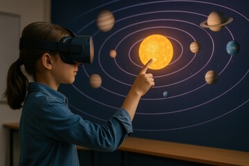 Young Explorer Navigating the Cosmos: A curious child, immersed in a virtual reality experience, reaches out to interact with a vibrant depiction of the solar system.