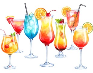 Watercolor illustration of various colorful cocktails