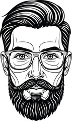 Monochrome line art portrait of a bearded man with a handlebar mustache and stylish eyeglasses.