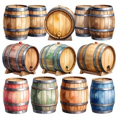 Watercolor illustration of various wooden barrels