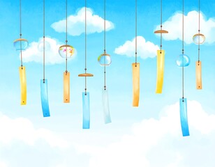 Watercolor illustration of wind chimes against a bright blue sky with clouds