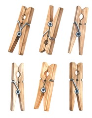 Watercolor illustration of wooden clothespins