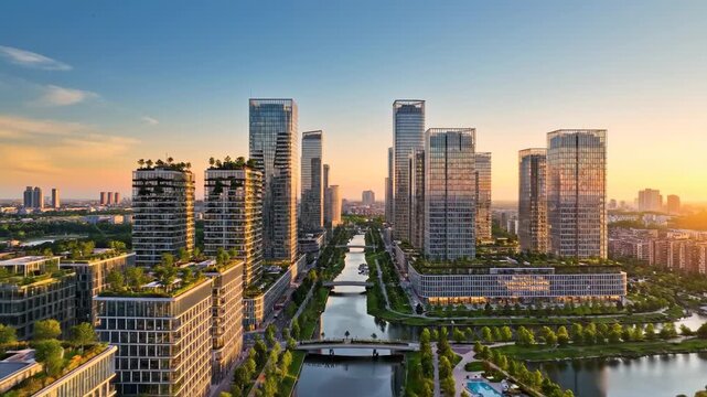 Aerial view of modern highrise apartment buildings along a canal at sunset in a contemporary city 4k video