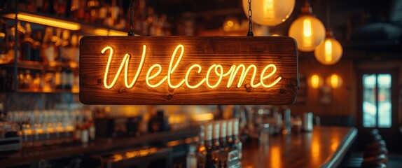 A warm welcome awaits at this stylish bar, featuring a glowing neon sign and inviting atmosphere, perfect for a cozy night out or attracting new clientele.