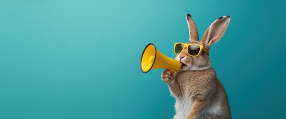 A cool rabbit with a megaphone announces spring promotions. Use for fun marketing or festive holiday messages. Bright, cheerful, and attention-grabbing!
