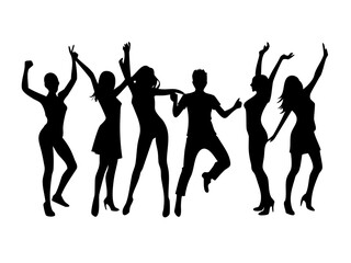 Women silhouettes dancing and celebrating in various poses, set. Vector illustration icon

