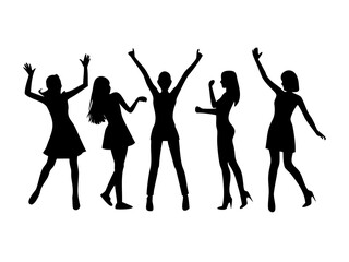 Women silhouettes dancing and celebrating in various poses, set. Vector illustration icon


