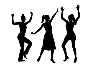 Women silhouettes dancing and celebrating in various poses, set. Vector illustration icon


