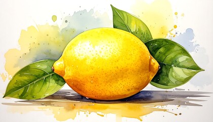 Watercolor lemon with leaves on a painted background