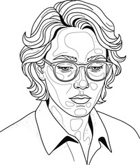 Stylized line art portrait of a person with wavy hair and glasses featuring abstract topographical patterns on their face.