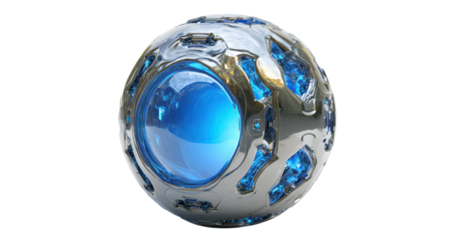 Sci-fi orb generating blue energy, futuristic metal sphere with glowing crystal details, advanced technology concept on transparent background