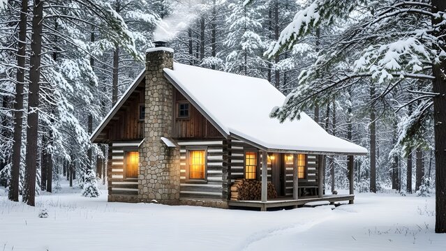 A cozy wooden cabin surrounded by deep snow and tall trees. Soft warm lights illuminate the windows, creating a peaceful and inviting contrast to the cold winter environment. 