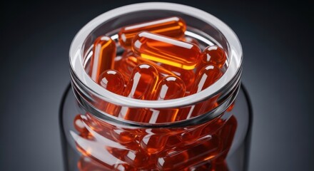 Close-up view of a clear glass jar filled with numerous amber-colored capsules, showcasing the transparency of the container and the rich color of the supplements.