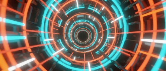 Neon-lit futuristic tunnel with concentric circular patterns and glowing orange and cyan lights