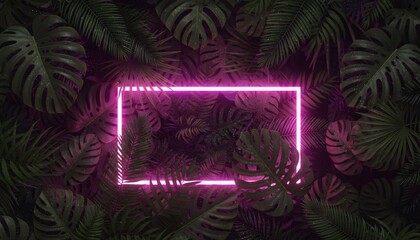 A vibrant pink neon rectangle glows amidst a backdrop of lush tropical foliage.