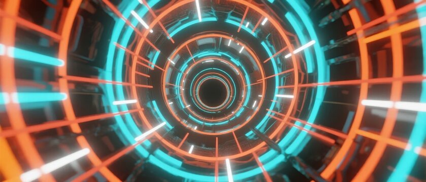 Neon-lit futuristic tunnel with concentric circular patterns and glowing orange and cyan lights