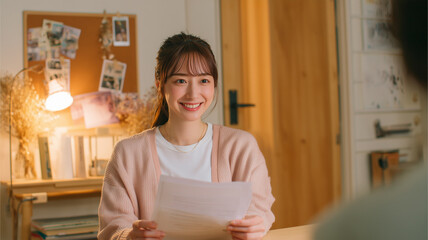 女性が若々しい表情で書類を手に相談者の話を聞く場面