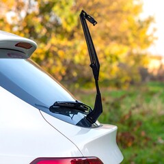 White car rear window wiper in autumn