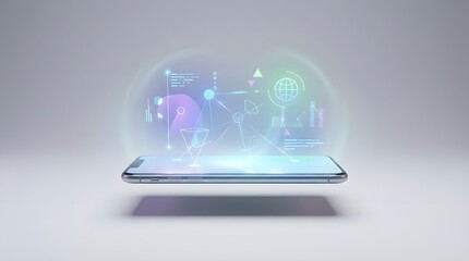 Smartphone flat on neutral background with 3D holographic projections. Futuristic AR effect with glowing highlights and soft shadows, perfect for tech or digital presentations.
