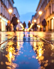 Street reflecting lights & pedestrians