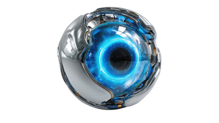 Robotic cybernetic eye with a bright blue glowing iris, representing artificial intelligence and future technology. Transparent background
