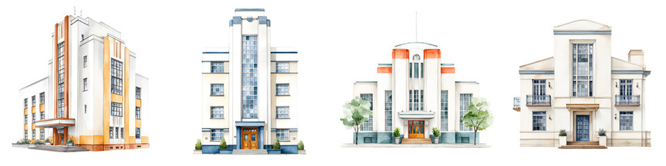 Obraz premium Architectural Styles: Art Deco Buildings Watercolor Illustration Set