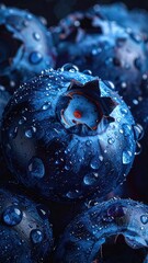 Water droplets on a pile of blueberries