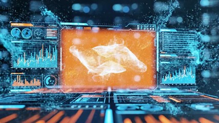 Futuristic interface displays data visualizations and a glowing particle form. High-tech concept - Powered by Adobe
