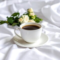 White coffee cup on white sheets with flowers