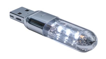 Usb flash drive with metallic and transparent casing, illuminating led data transfer, representing digital technology and storage