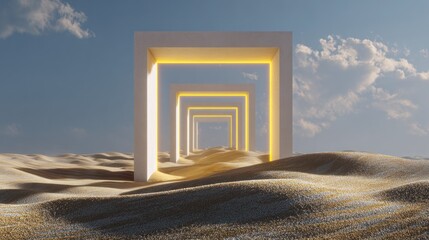 Surreal scene of portals receding into the distance over a desert landscape under a blue sky