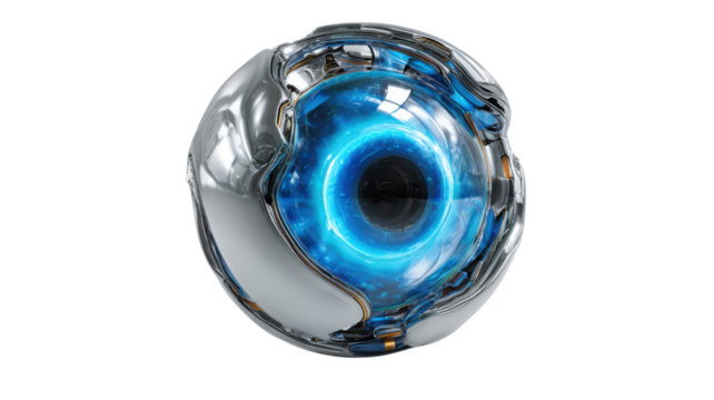 Robotic cybernetic eye with a bright blue glowing iris, representing artificial intelligence and future technology. Transparent background