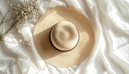 Woven hat on crumpled white fabric