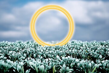 A luminous yellow circle floats above a field of plants against a cloudy sky. The image has a dreamy, surreal quality.