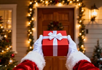 Fototapeta premium Santa's hands holding a red gift box with a white bow, standing outside a warmly lit holiday decorated house entrance, delivering joy.
