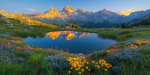 Obraz premium A wide landscape of a serene alpine lake mirroring glowing sunrise