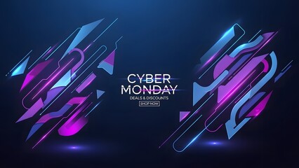 A futuristic Cyber Monday banner with glowing abstract geometric shapes and neon lights on a dark blue background, promoting deals and discounts.