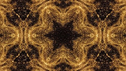 Kaleidoscope visuals alter slow motion of swirling gold dust suspended in dark refraction.