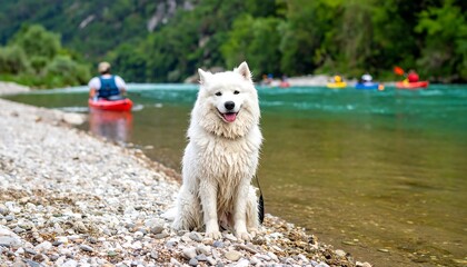 White dog sits on riverbank