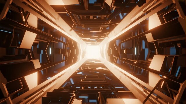 Futuristic tunnel with glowing light at the end, featuring metallic structures and symmetrical design