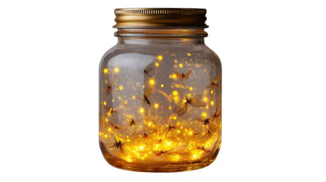 Glass jar capturing magical glowing fireflies, illuminating a fantasy concept of light, wonder, and inspiration, transparent background