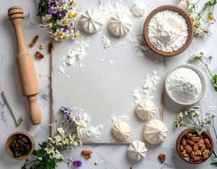 Baking ingredients on marble backdrop