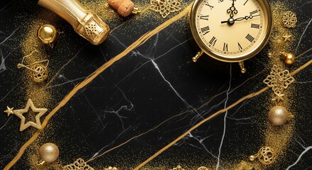 New Year’s Eve Celebration Flat Lay with Gold Clock, Champagne Bottle, Glitter, and Ornaments on Black Marble
