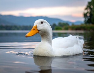 White duck on a lake at sunset