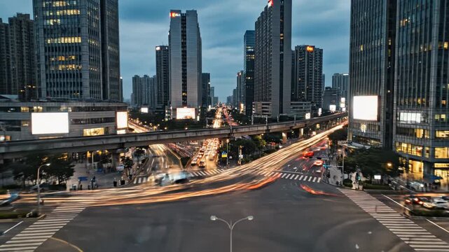 Long exposure of busy city intersection at dusk with light trails from vehicle traffic amidst modern highrise building 4k video