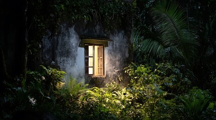 Mysterious Window Illuminates the Lush Green Jungle.