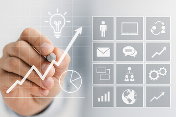 AI generated business analytics interface showing a hand drawing rising data charts with creative strategy icons and clean digital elements highlighting planning and information visualization