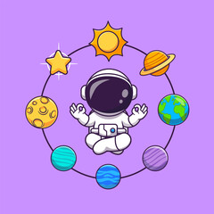 Cute Astronaut Meditation Yoga With Sun, Planet And Star In Space Cartoon 