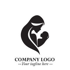 Mom and Baby Logo Symbol in Black on White Background for Gentle Minimalist Branding Design Art Plus