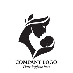 Mom and Baby Logo Symbol in Black on White Background for Gentle Minimalist Branding Design
